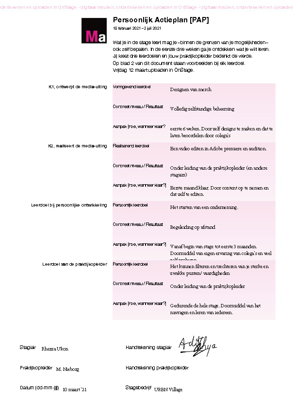 Persoonlijke leerdoelen, URBN, Stage